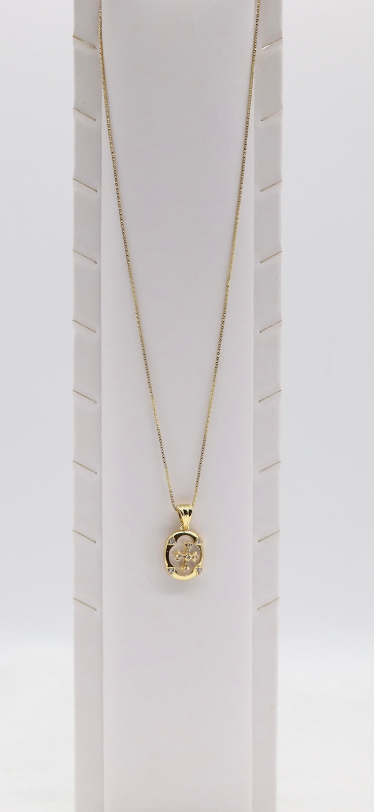 Gold Oval Cross Pendant Necklace – Mother of Pearl & Crystal Accents