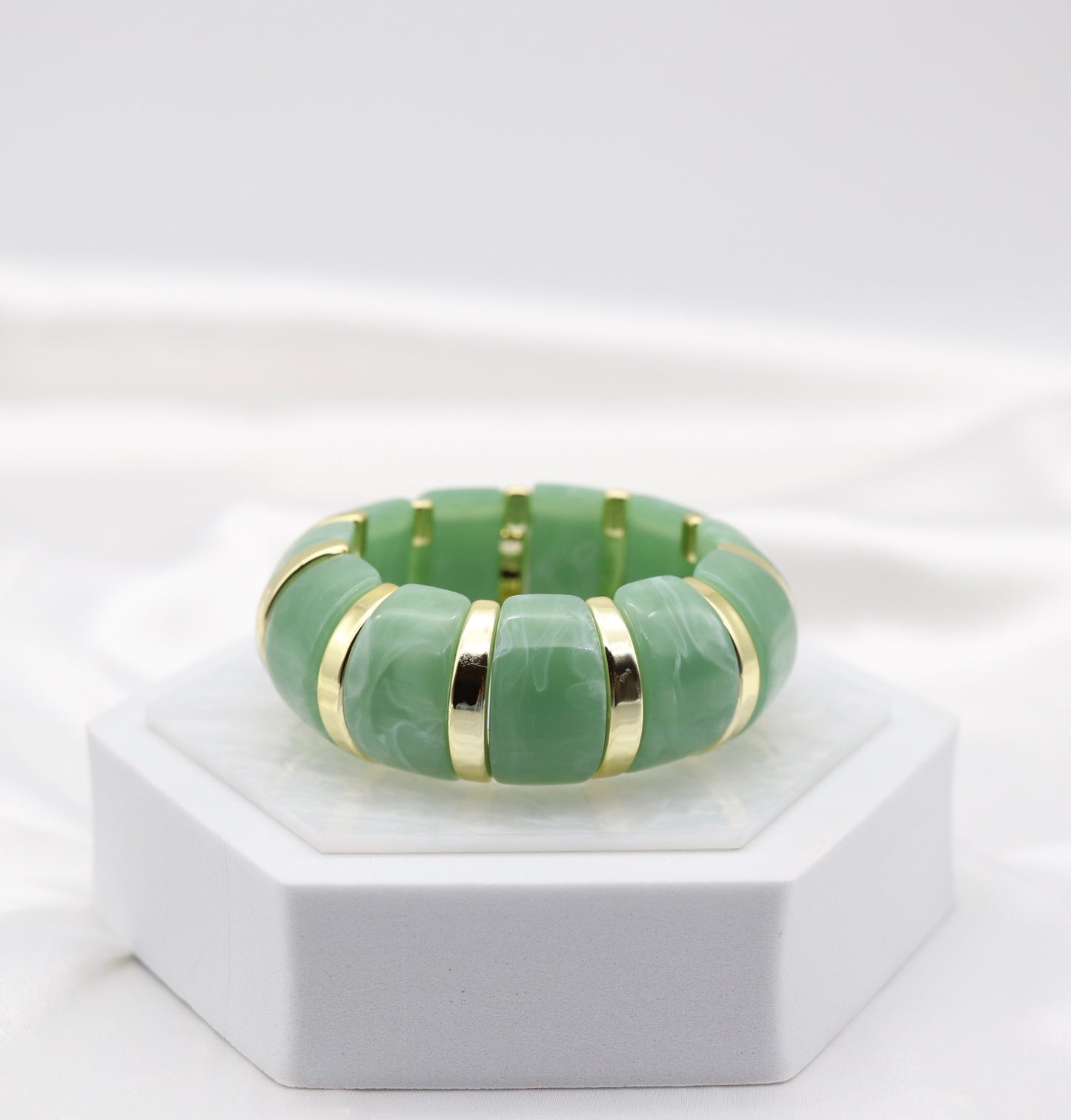 Seafoam Green Marble Stretch Bracelet with Polished Gold Accents