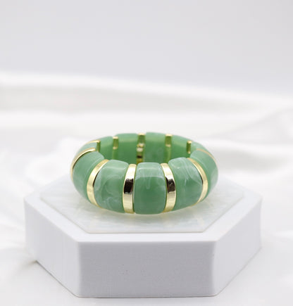 Seafoam Green Marble Stretch Bracelet with Polished Gold Accents