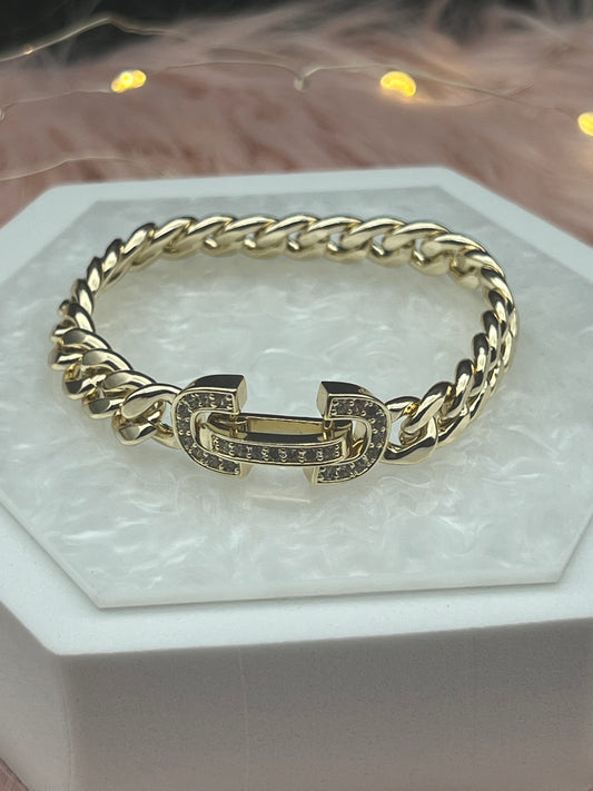 Small Gold Link With Pave CZ Charm Bracelet