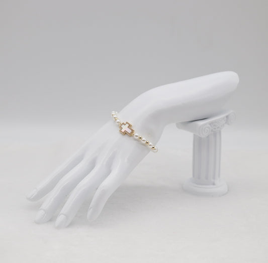 Mother of Pearl Cross & Pearl Beaded Bracelet – Faithful Elegance