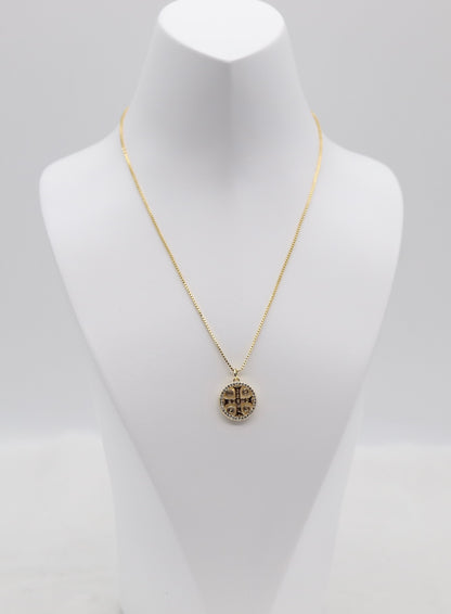 Gold Cross Medallion Necklace – Crystal Accent Round Pendant