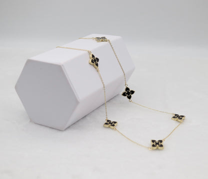 Gold Clover Station Necklace with Black Enamel Accents