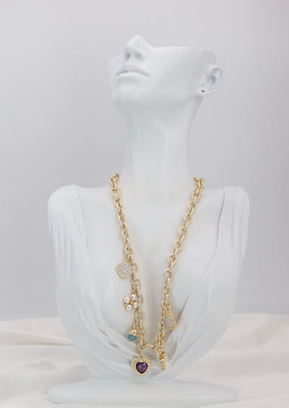 Mixed Charm Gold Chain Necklace – Heart, Pearl & Crystal Charm Statement Necklace