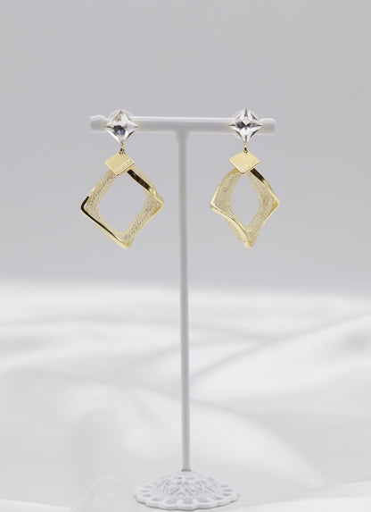 Geometric Textured Gold Drop Earrings with Crystal Studs