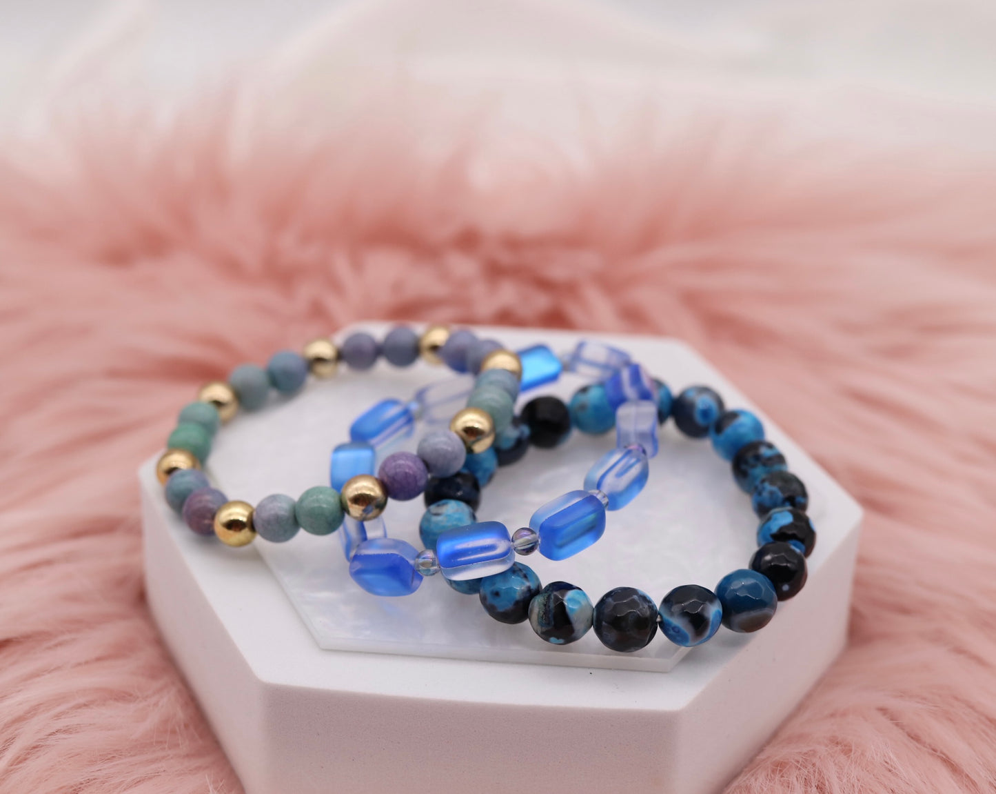 Blue Iridescent Marble Bead Bracelet