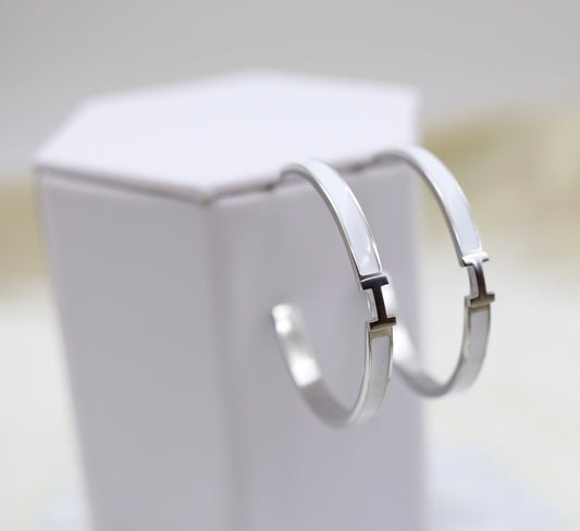 White Luxury H Hoop Silver Earrings
