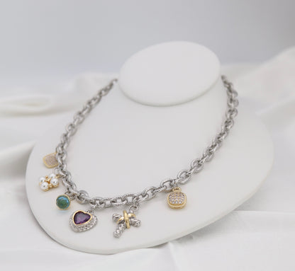Mixed Charm Silver Chain Necklace – Heart, Pearl & Crystal Charm Statement Necklace