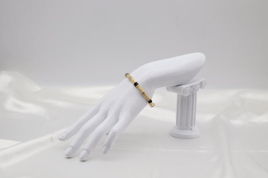 Black Enamel & Crystal Gold Beaded Bangle Bracelet | Elegant Stackable Bracelet for Women