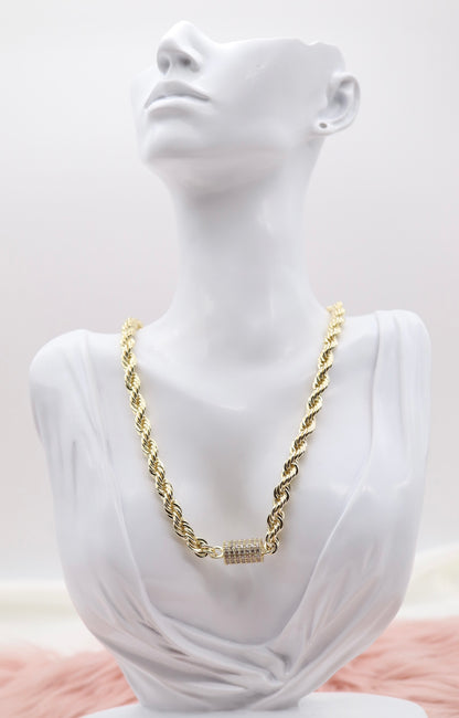 Thick Rope Necklace Gold With CZ Bar Station