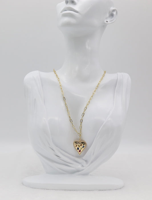 Gold Heart Pendant Necklace – Multi-Gemstone Mosaic Design