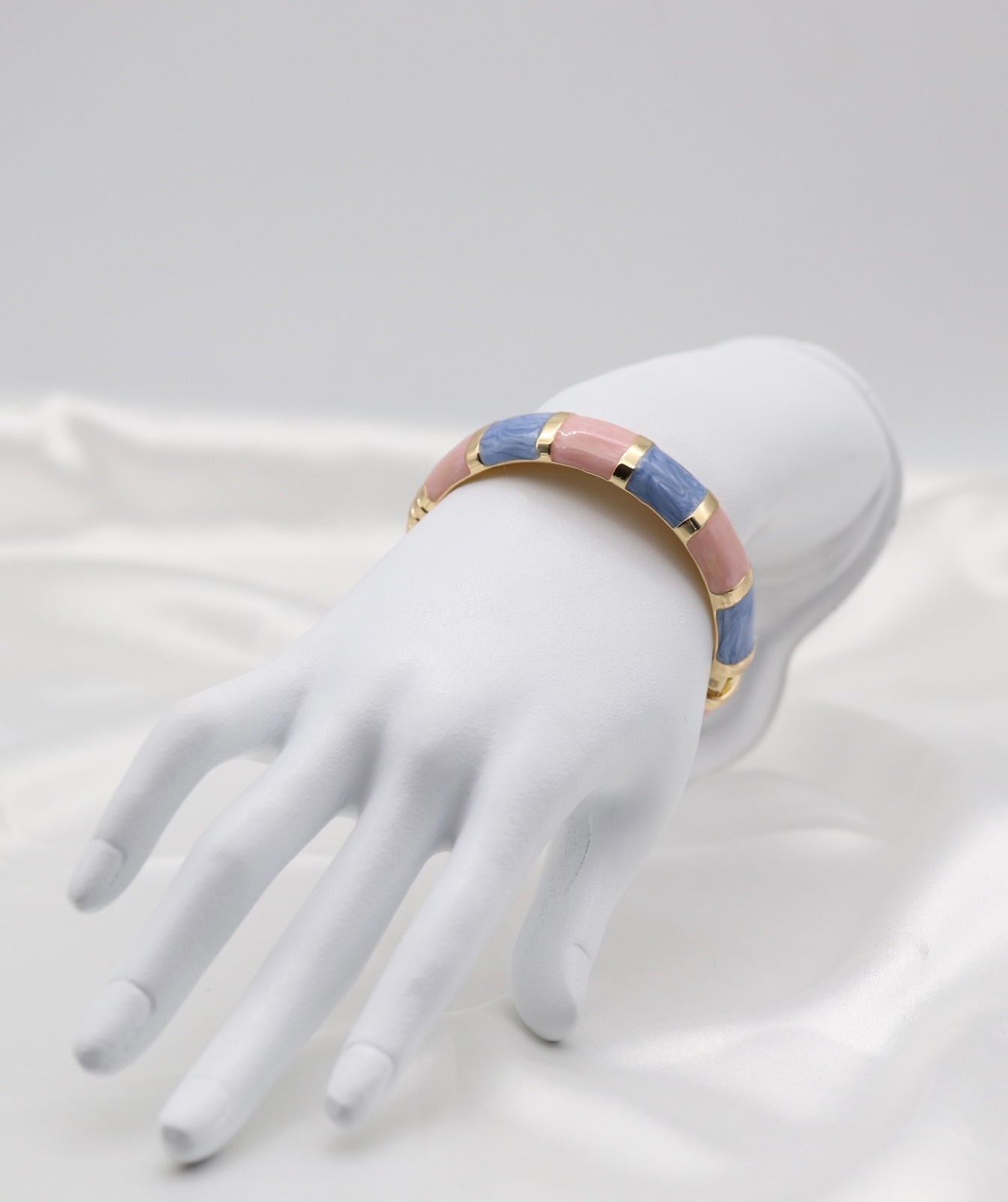 Gold Pink & Blue Multi-Tone Enamel Hinged Bangle Bracelet