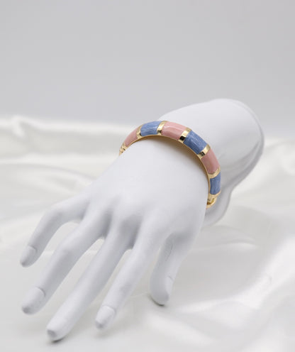 Gold Pink & Blue Multi-Tone Enamel Hinged Bangle Bracelet