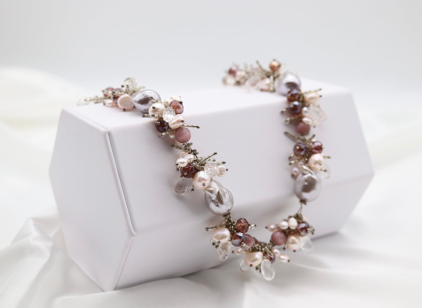 Faceted Violet Crystals With Light Violet Pearls Necklace