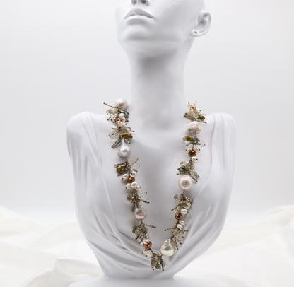 Faceted Light Brown Crystals With Pearls Necklace