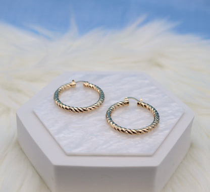 Large Textured Swirled Gold Hoop Earrings