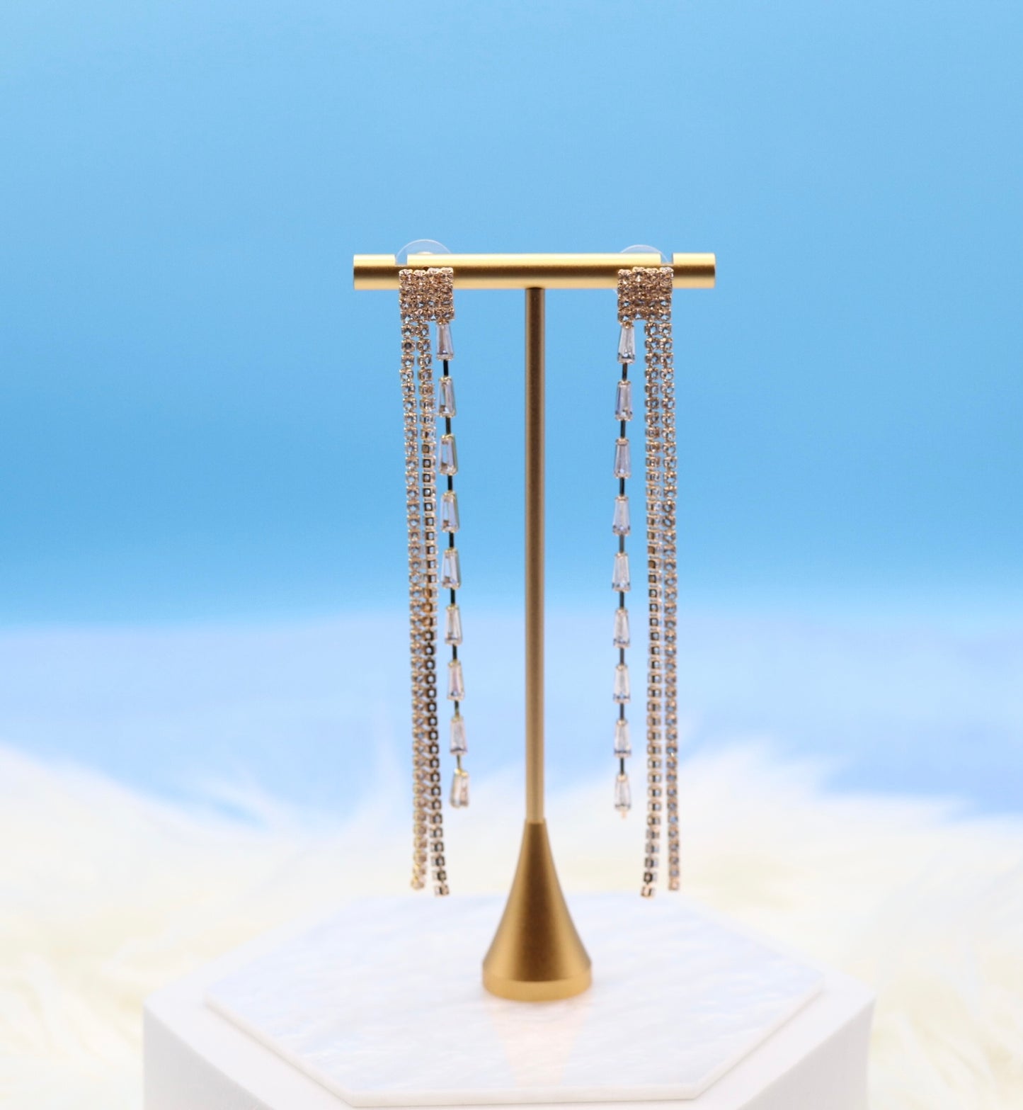 Three Dangling Column CZ Gold Earrings
