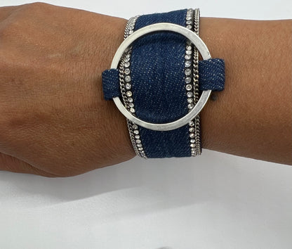 Blue denim with diamonds placed along the edge magnetic bracelet.