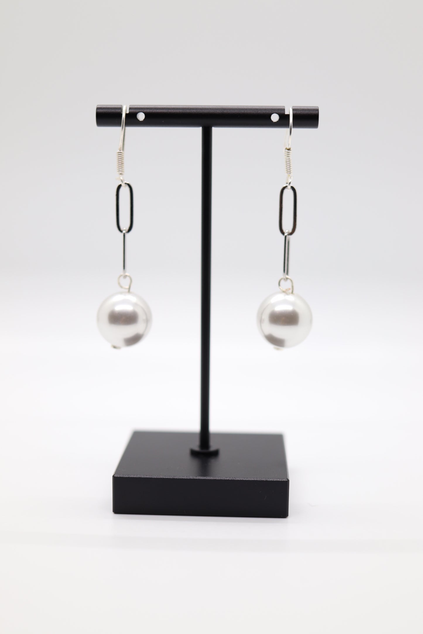 Silver Paperclip White Pearl Drop Earrings