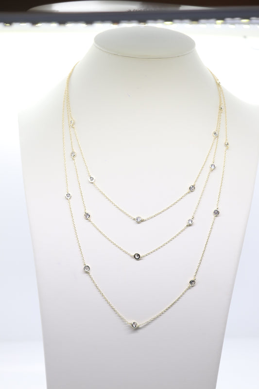 CZ Station Triple Layered Necklace with Rodium and Gold Overlay