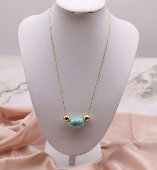 Gold Necklace with Horizontal Aquamarine Tie Dye Egg Shape Pendant