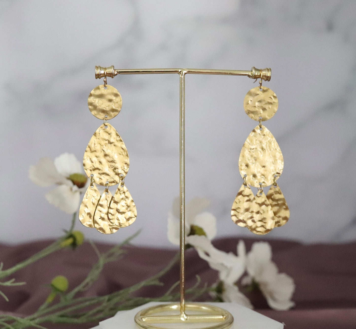 3 Layered Shiny Gold Dangling Earrings