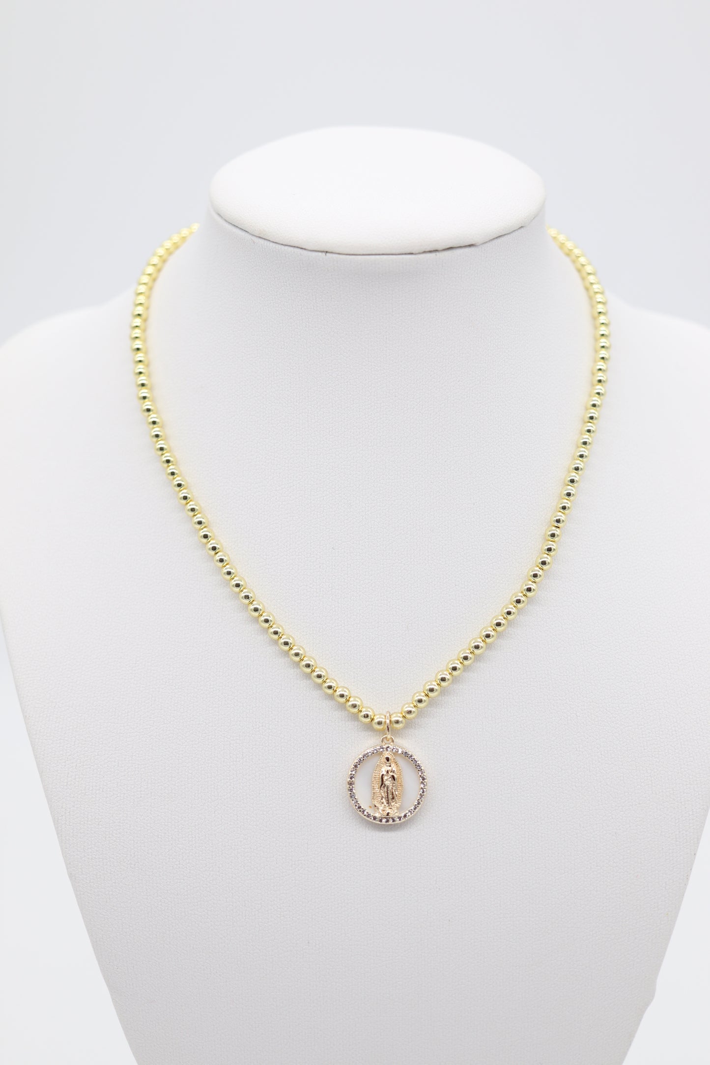 Classic Gold Beaded Necklace With Virgin Mother Pendant (4mm)
