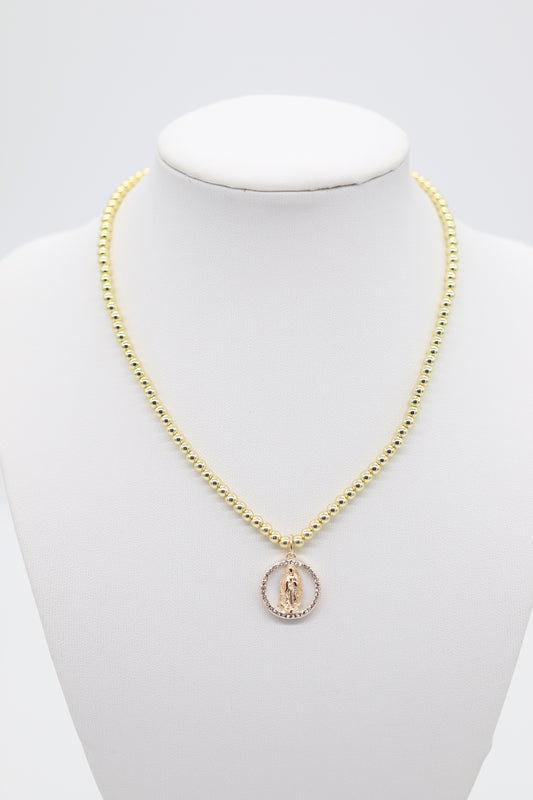 Classic Gold Beaded Necklace With Virgin Mother Pendant (4mm)