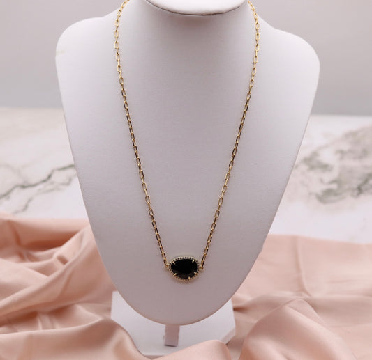 Gold Paperclip Chain Necklace with Charcoal Pendant