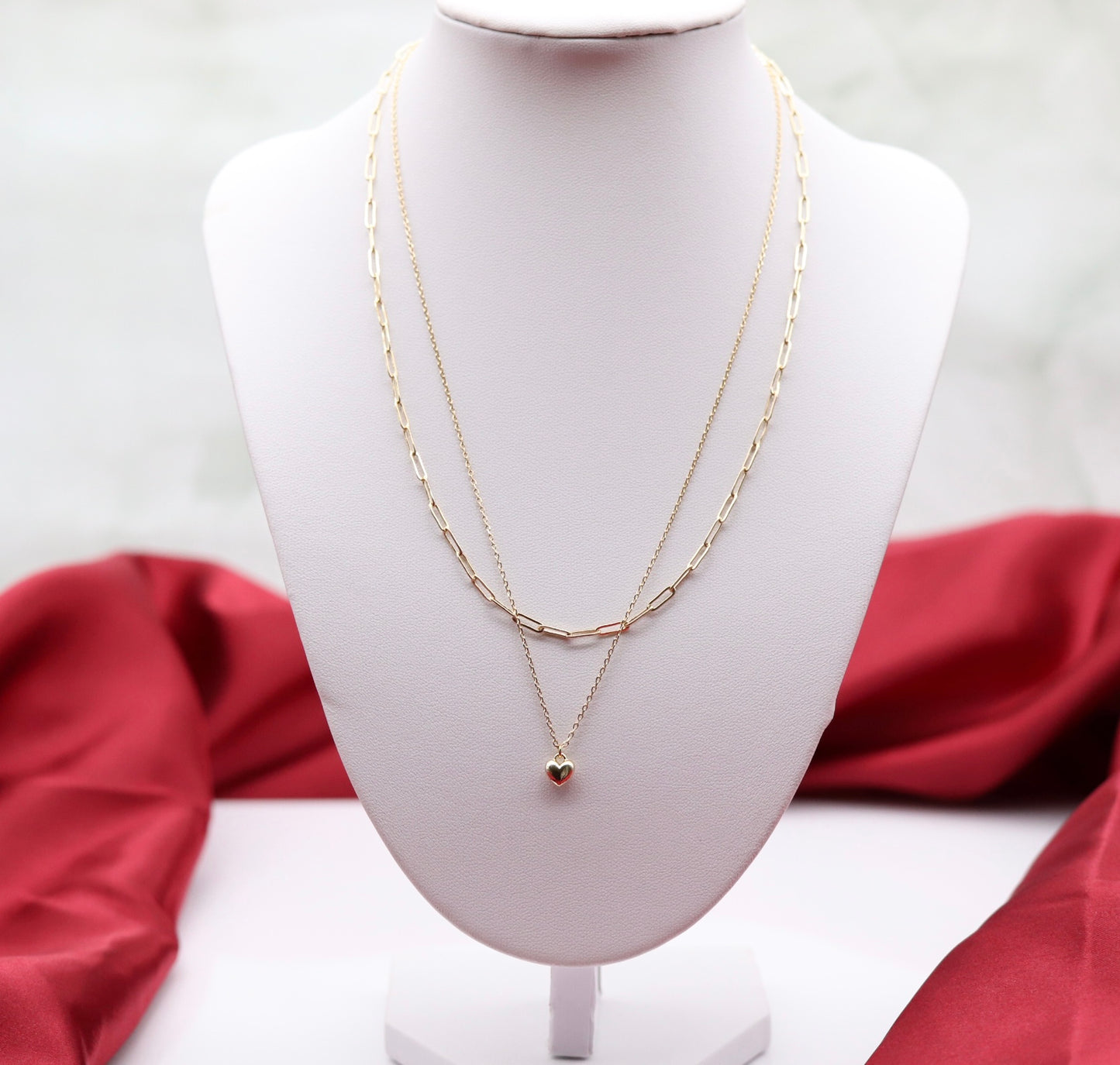 Gold Double Layered Necklace with Heart Pendant