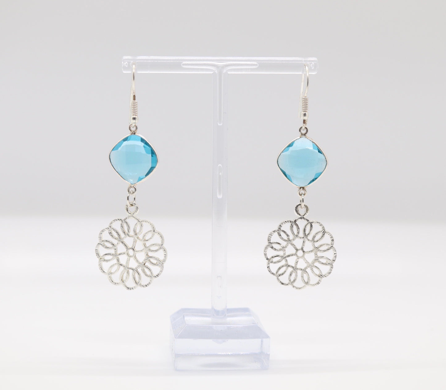 Dangling Light Blue Stone and Silver Intricate Filigree Earrings