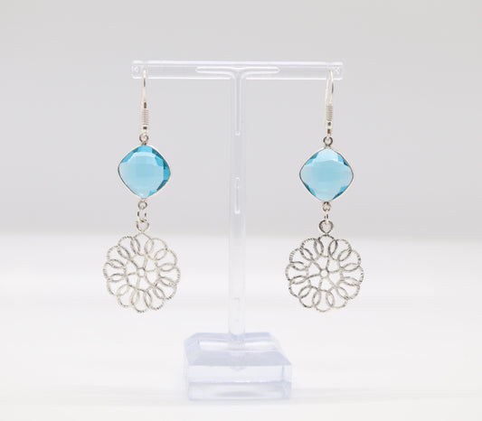 Dangling Light Blue Stone and Silver Intricate Filigree Earrings