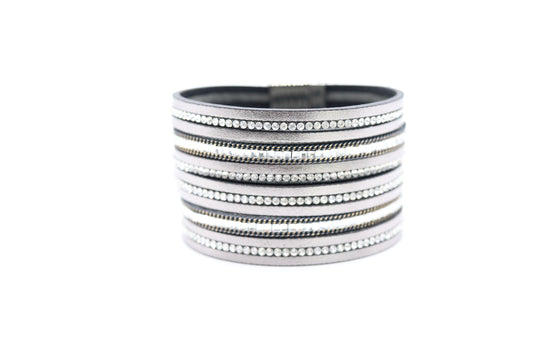 Madias Multi Strand Crystal Embellished Magnetic Leather Bracelet-Pewter