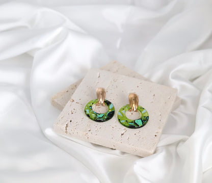 Glass Emerald Green Black and Silver Splattered Earrings