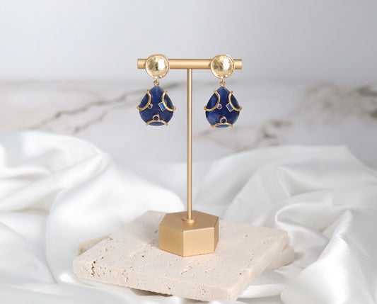 Gold and Navy Dangling Teardrop Earrings with Sapphire Tanzanite Stones Embedded