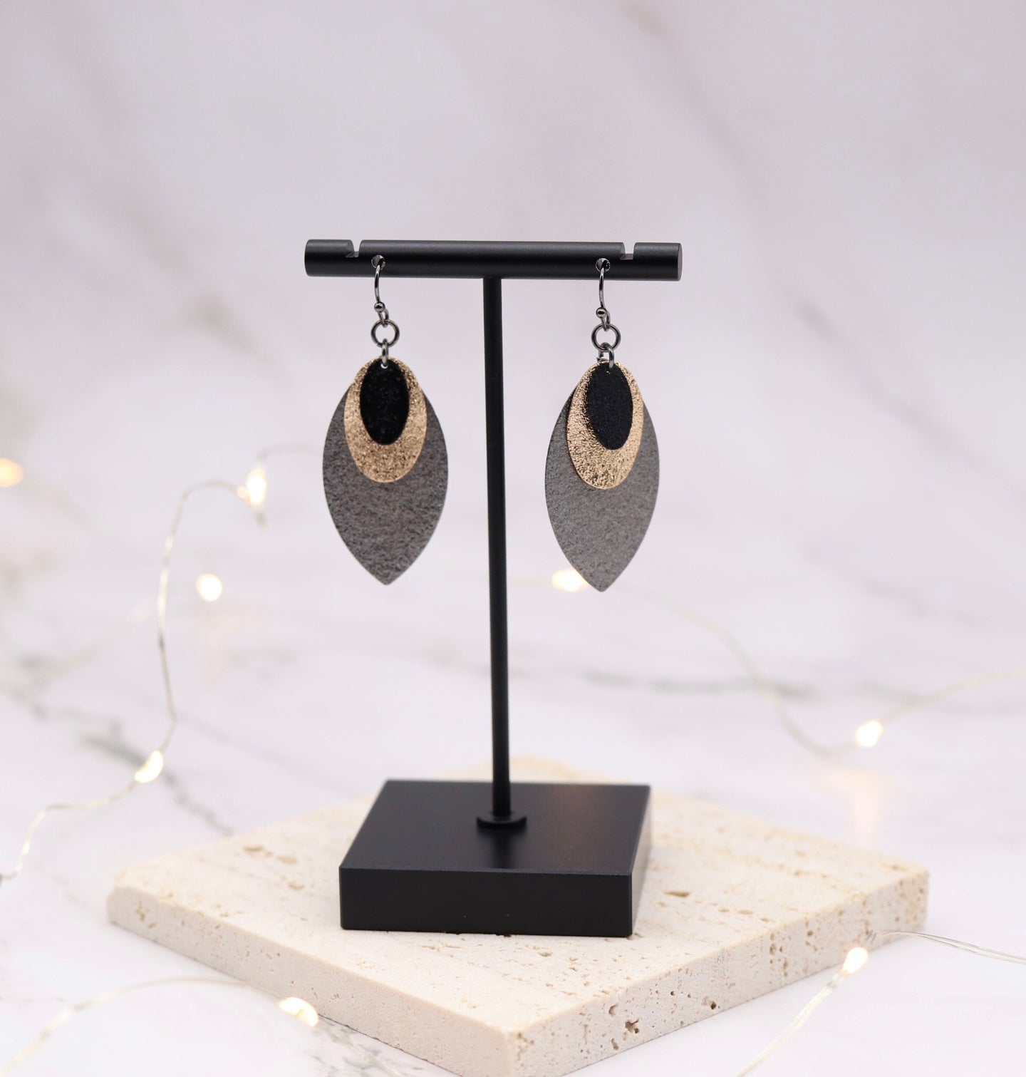 Black Gold Layer Sparkle Finish Earrings