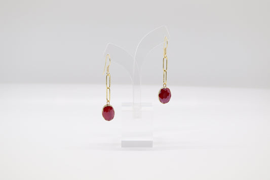 Gold Paperclip Dangling Earrings With Ruby Red Stones