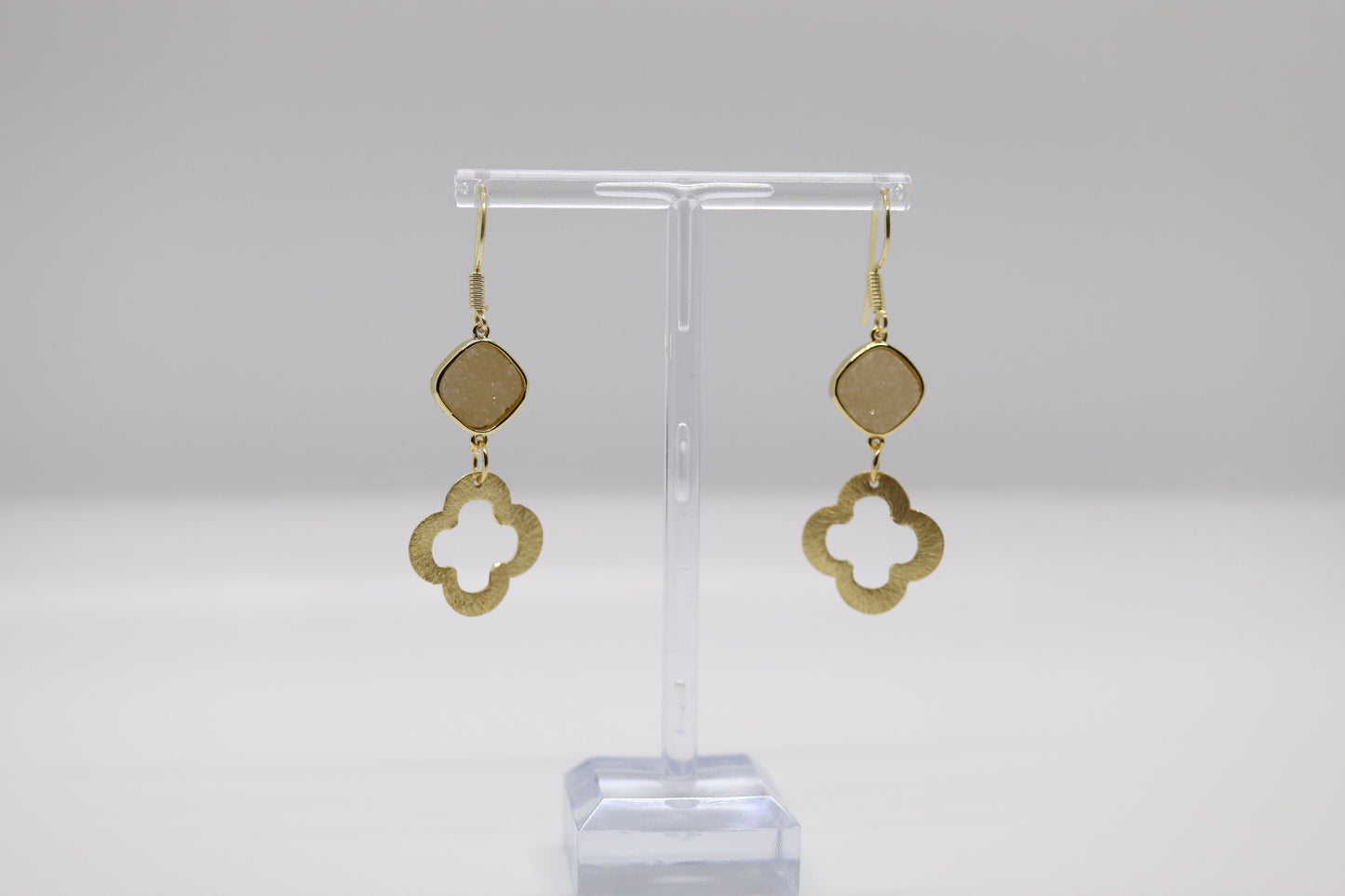 Gold Drop Earrings Stone and Clover Pendant