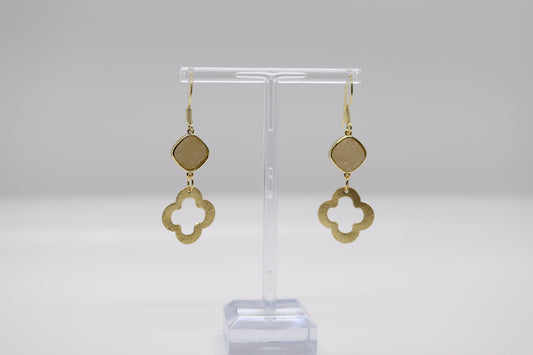 Gold Drop Earrings Stone and Clover Pendant