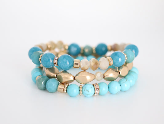 Gold Turquoise Bead 3 Piece Bracelet Set