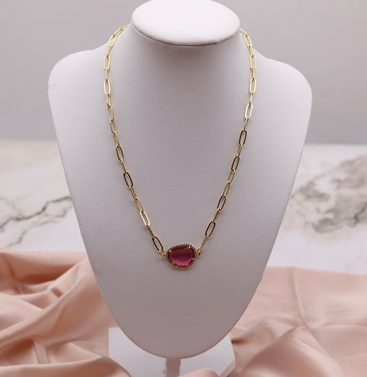 Gold Paperclip Chain Necklace with Light Pink Pendant