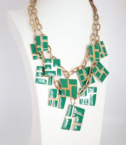 Gold w/ Green Enamel Charms Necklace