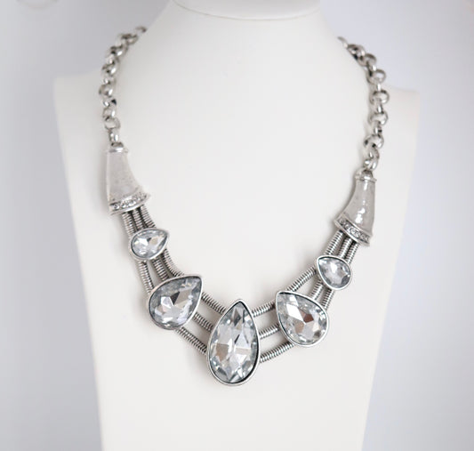 Different Size Crystal & Silver Teardrop Necklace