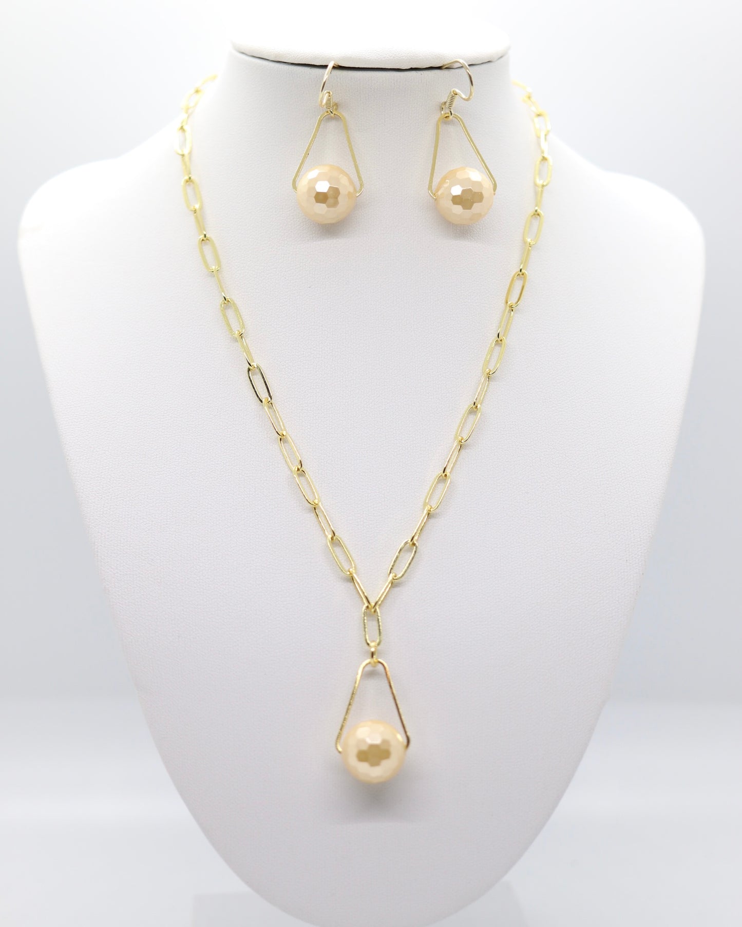 Gold Paperclip Chain with Gold Pearl Pendant and Gold Chain Pearl Earrings