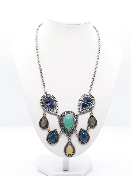 Silver Blue, Turquoise, Green Ornate Gem Bib Necklace