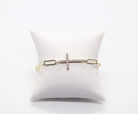 Beautiful Gold Paperclip Chain Bracelet with Dangling Cross and Magnetic Clasp