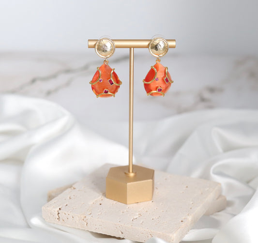 Gold and Fire Dangling Teardrop Earrings with Ruby Tanzanite Stones Embedded