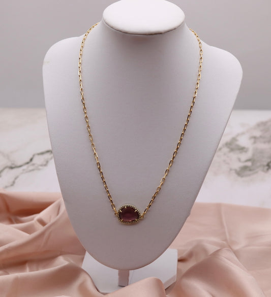 Gold Paperclip Chain Necklace with Violet Pendant