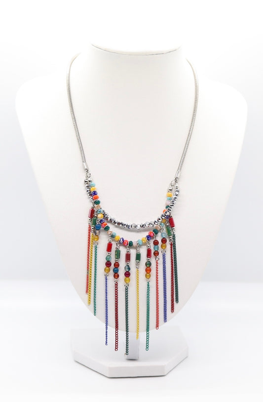 Silver Multicolored Brights Fringe Necklace Set