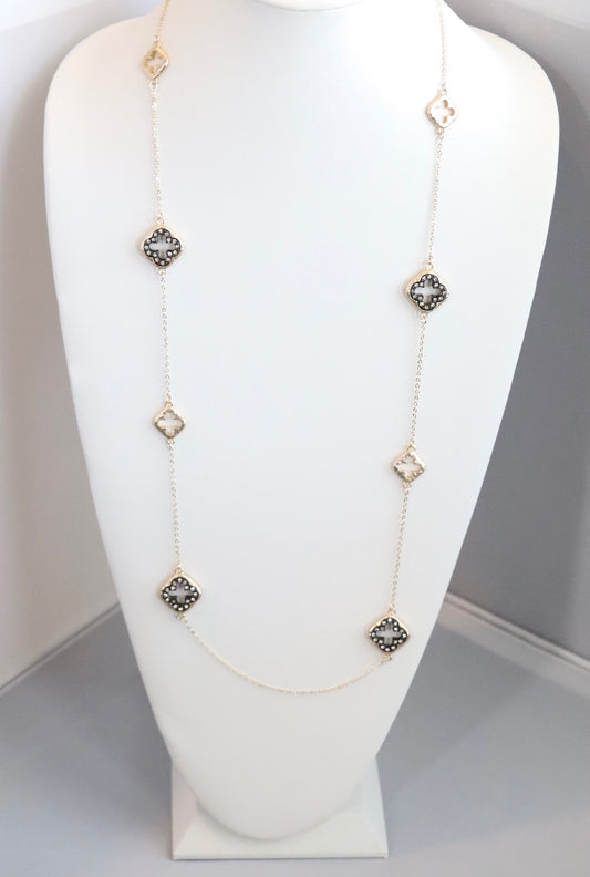 Black & Gold CZ Clover Long Necklace